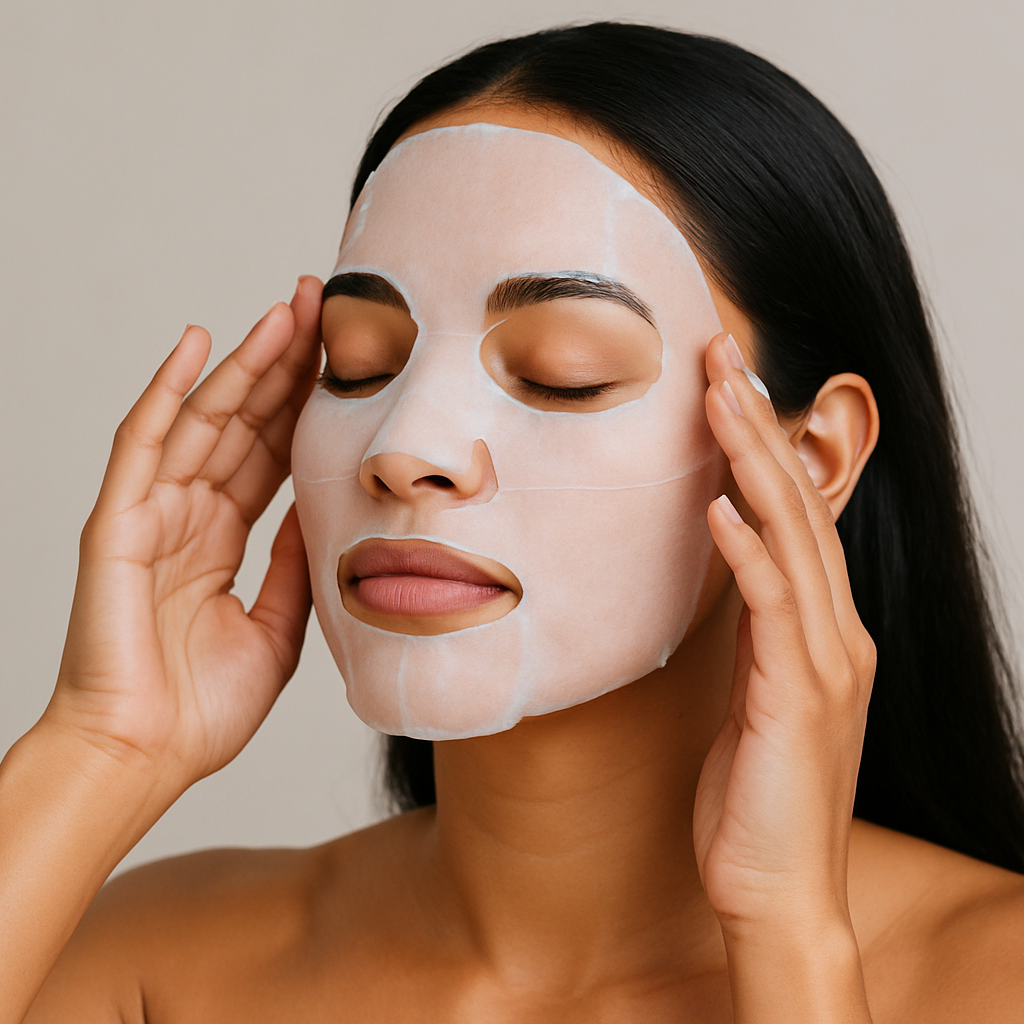 a latino woman applying a thin sheet face mask with a neutral background