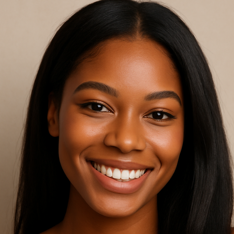 african american Woman with very beautiful youthful smooth skin with long dark hair smiling against a neutral background