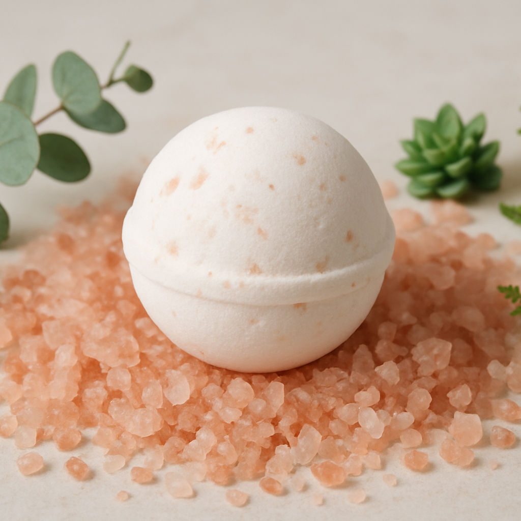 Bath bomb on a bed of pink Himalayan salt crystals salts infused in the white bathbomb add some green plants for decorations on the side