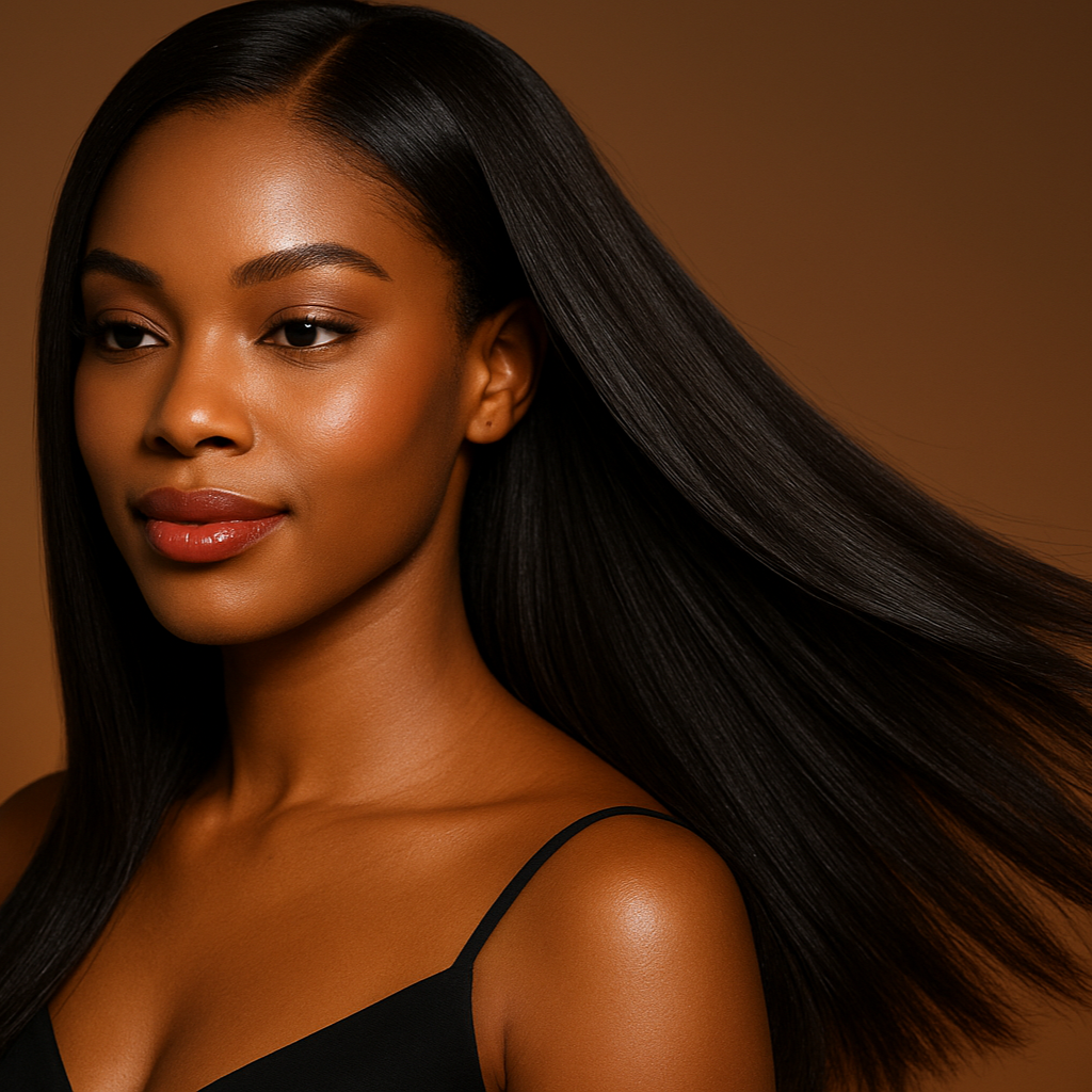 beautiful african american smooth face lady with beautiful straight hair after washing with luxurious Daily conditioner Bar for Date Night