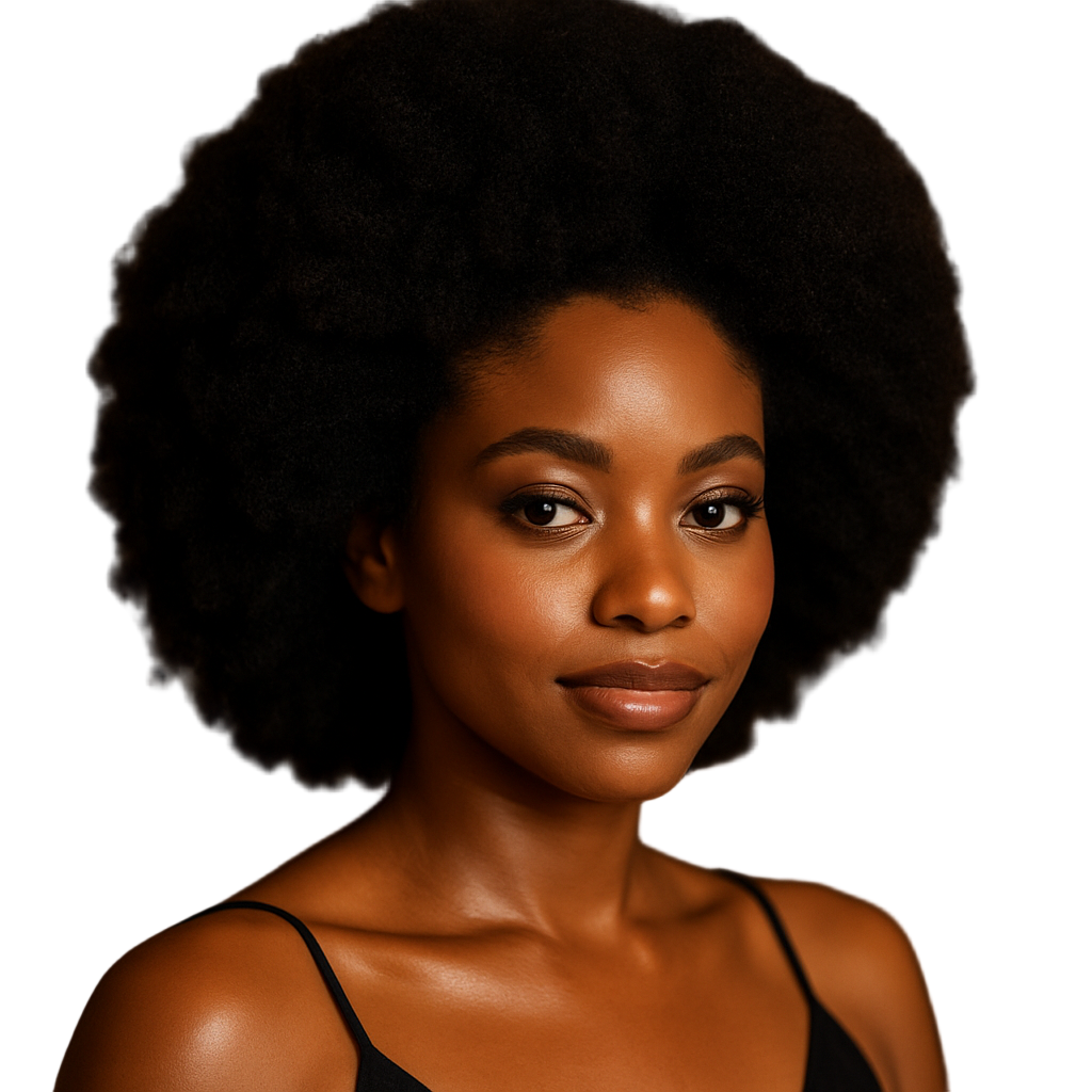 beautiful african american smooth face lady with beautiful thick afro hair after washing with luxurious Daily conditioner Bar for Date Night