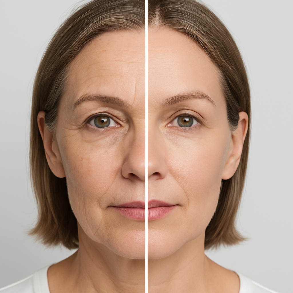 Before and after comparison of a woman's face with visible skin aging on the left and smoother skin on the right.