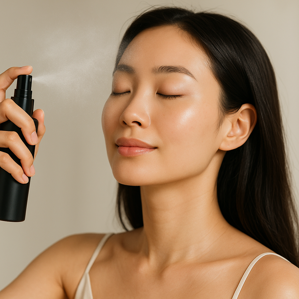 chinese woman with black bottle face mist spray