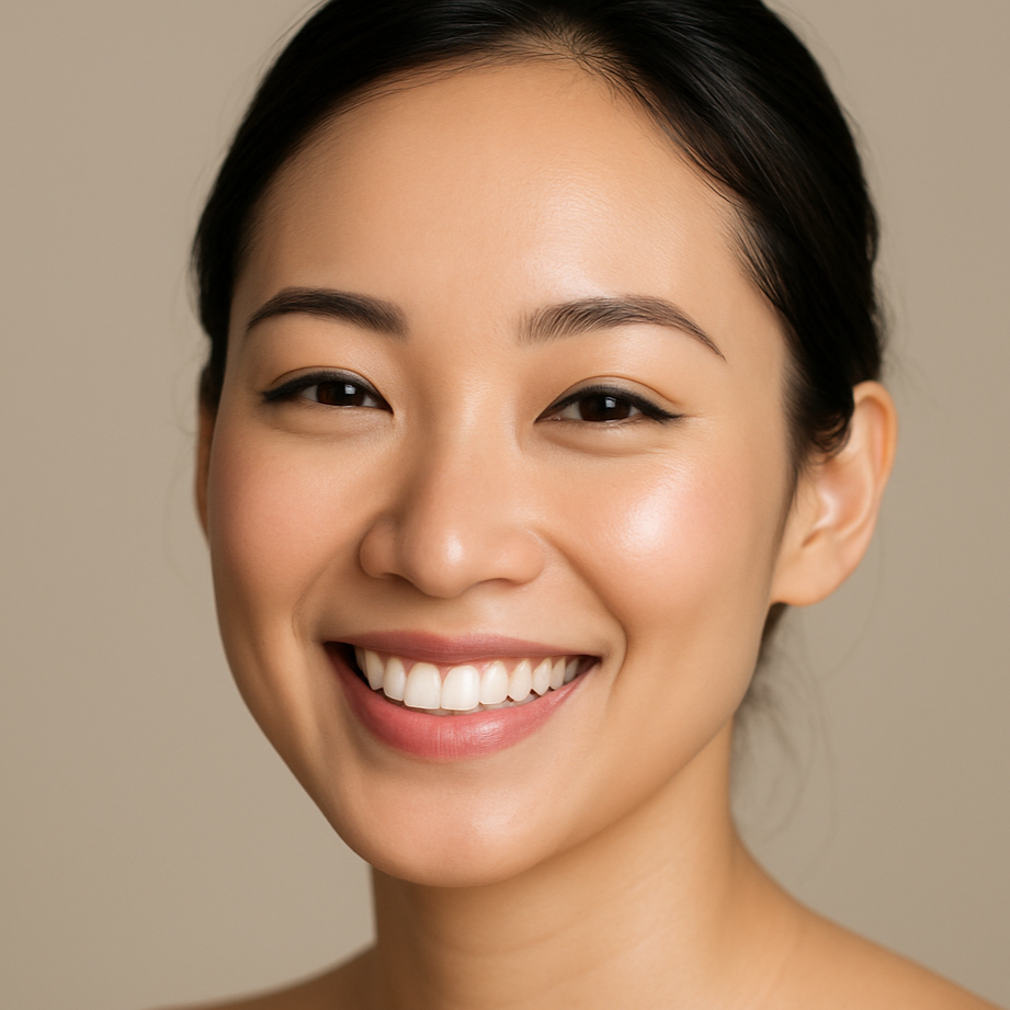 Close-up of a japanese woman with a bright smile very smooth skin on a plain background