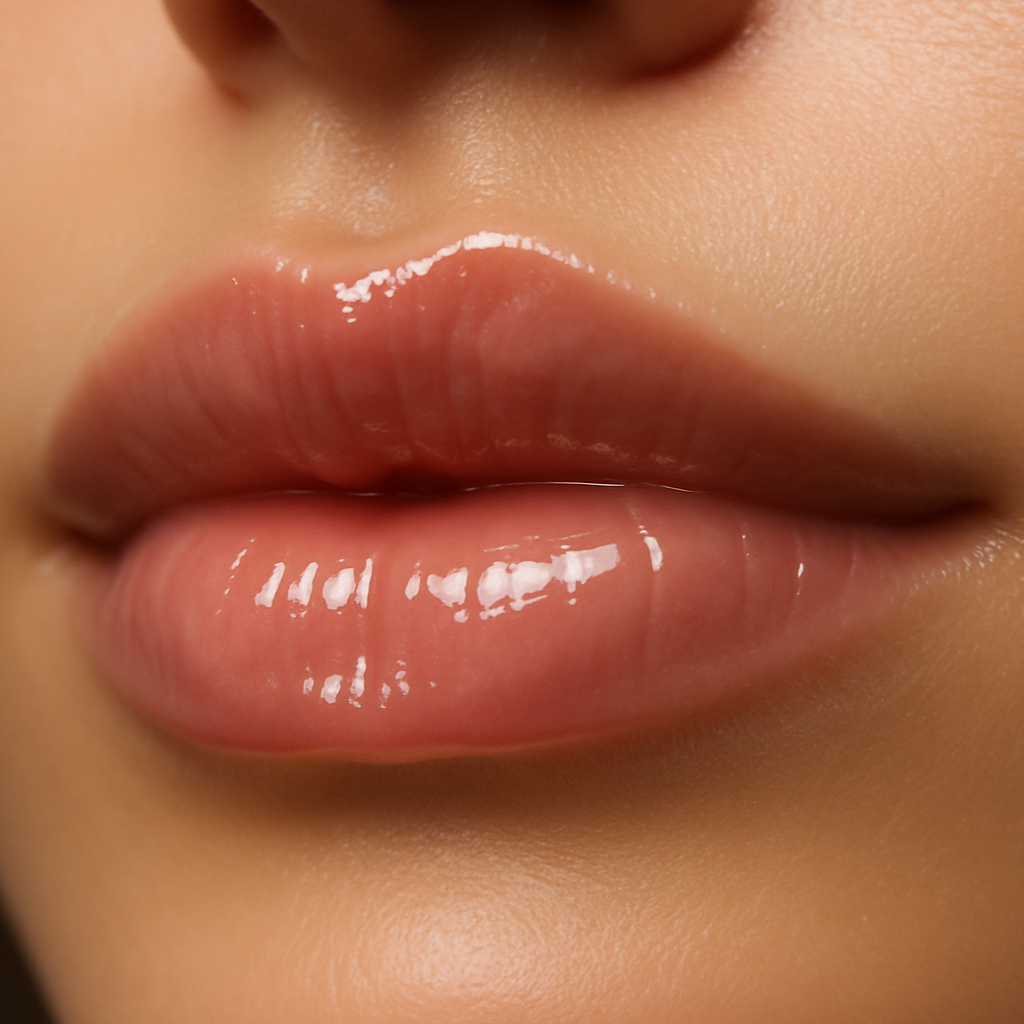 Close-up of a person's very smooth lips with a glossy lip balm product