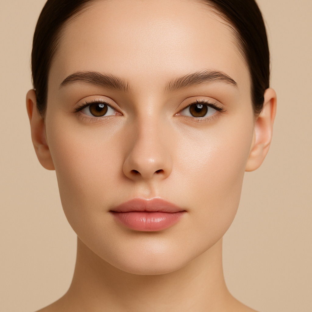 Close-up of a woman's face with smooth skin on a beige background