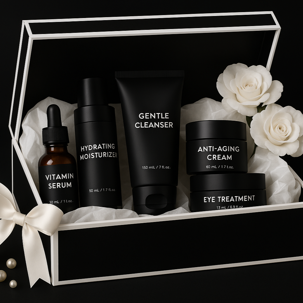 Fixed skincare gift box with corrected text and removed corner items