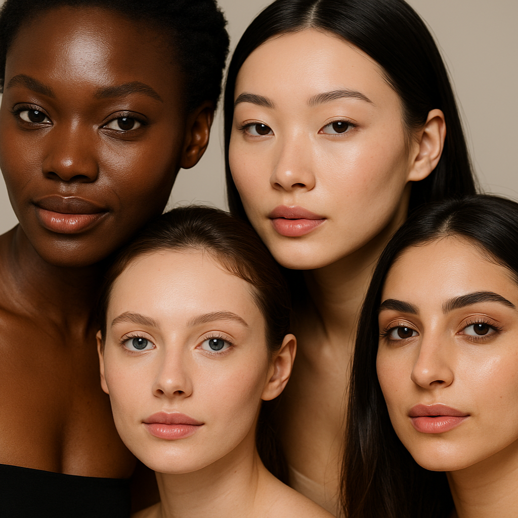 put 5 faces of different races with beautiful smooth skin