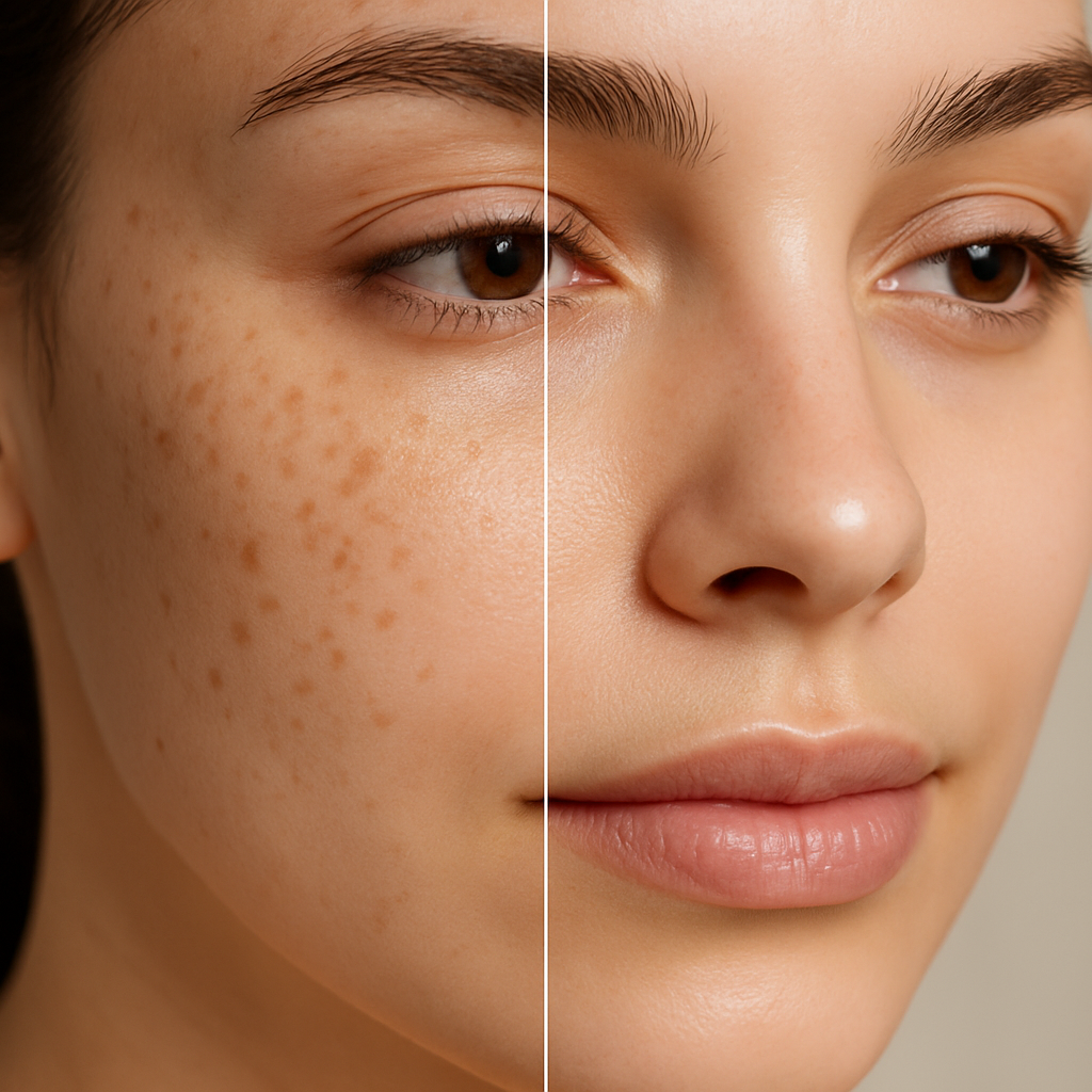 split screen of improved pigmentation to beautiful complexion make the size of picture to crop square size