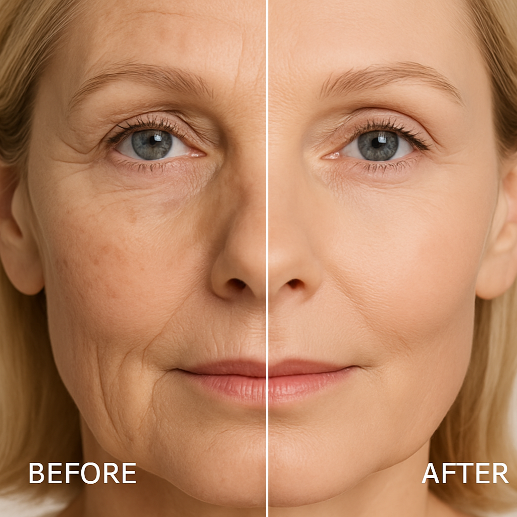 split screen showing anti aging cream use difference