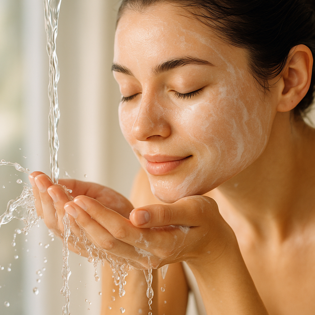washing face with moisturizing cleanser with clear water very beautiful picture