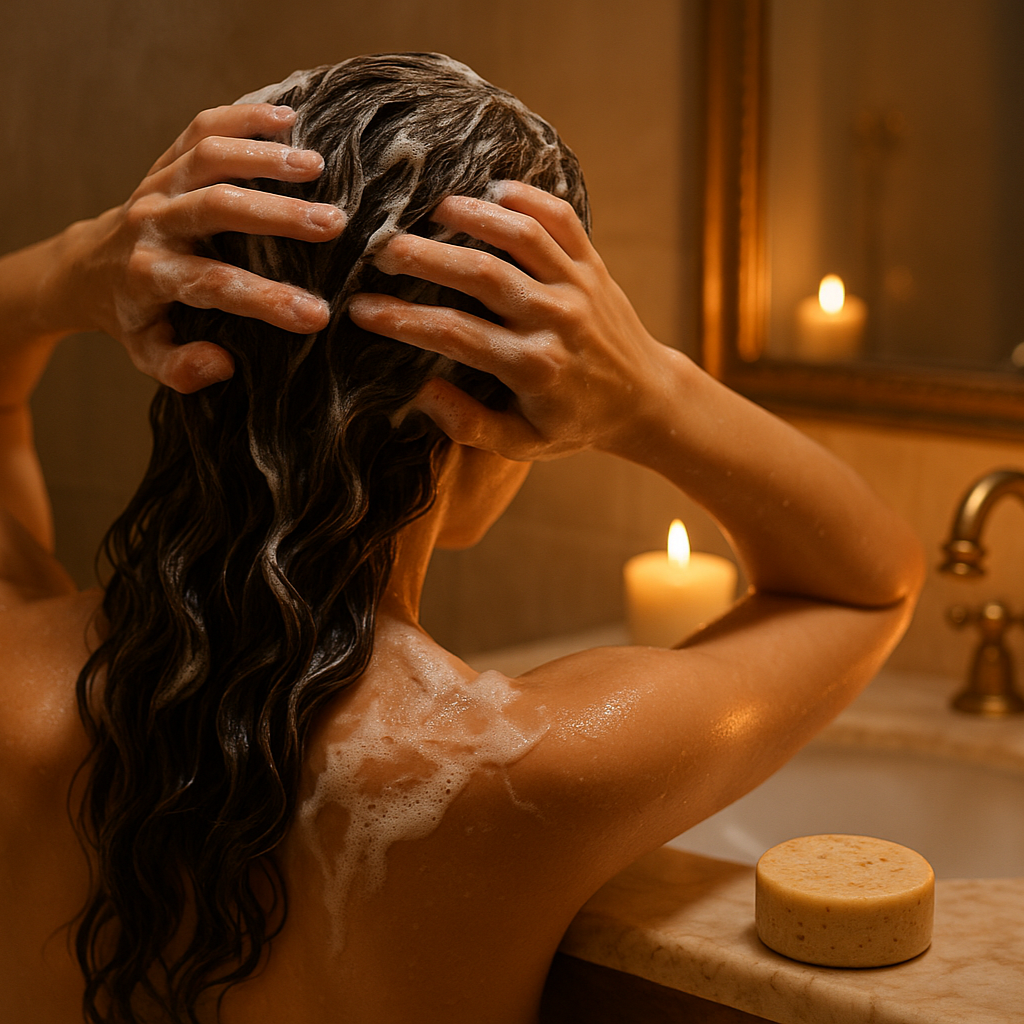 washing hair with luxurious Daily Shampoo Bar for Date Night