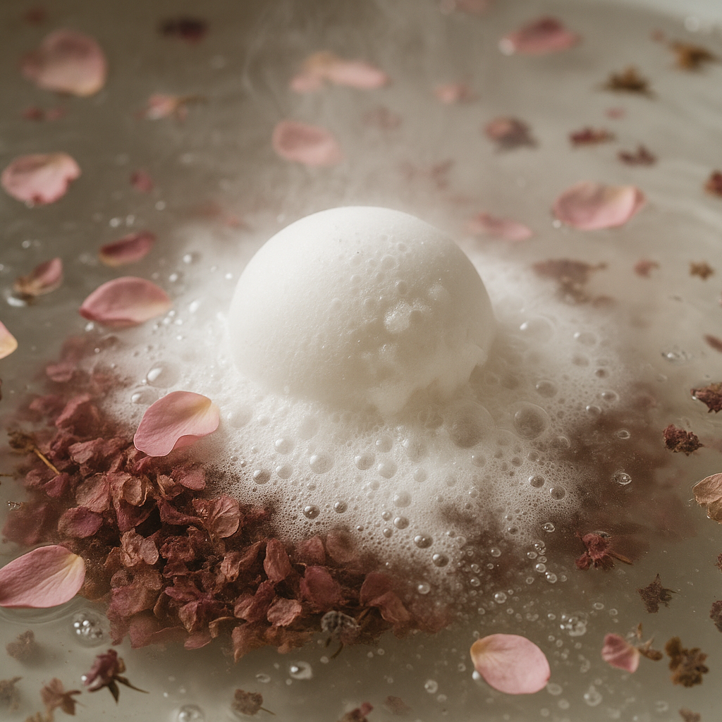White bath bomb on a bed of dried pink flowers diffusing in water show the bubbles