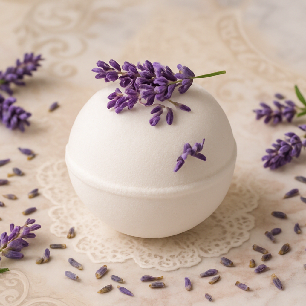 White Bath bomb with lavender on a decorative background