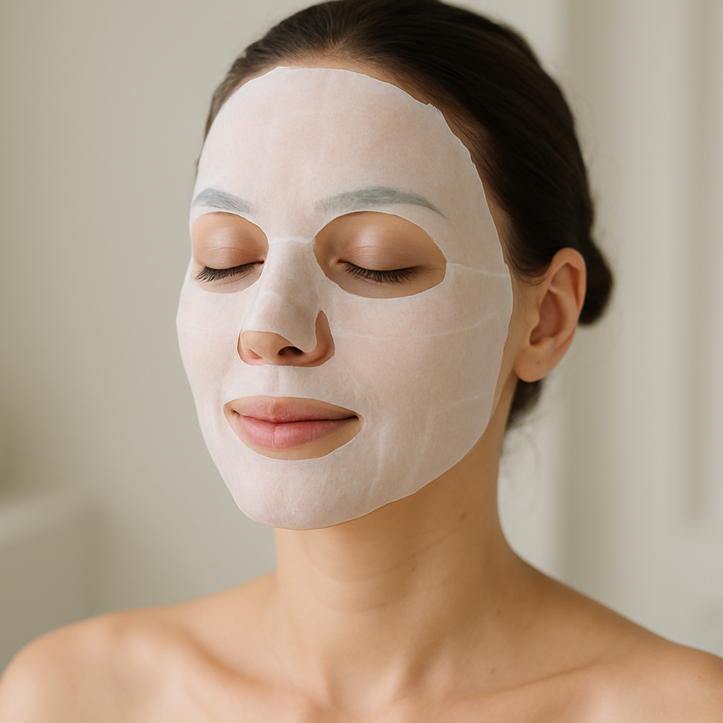 woman with a thin white facial sheet mask on