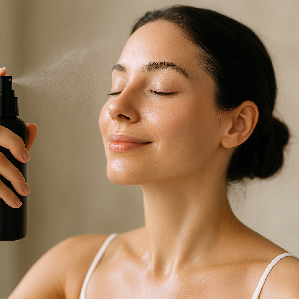 woman with black bottle face mist