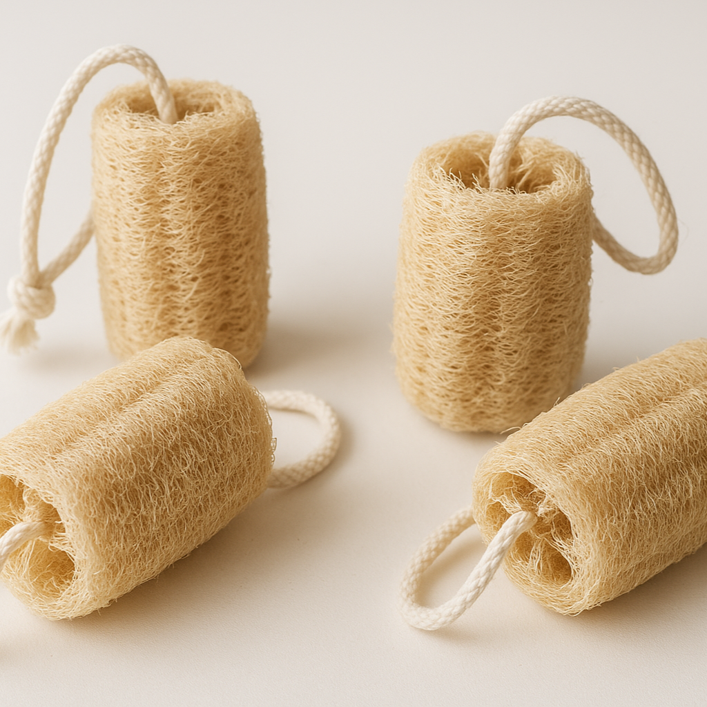 4 Organic Natural Loofah 4" natural looking with minimal decorations with white rope