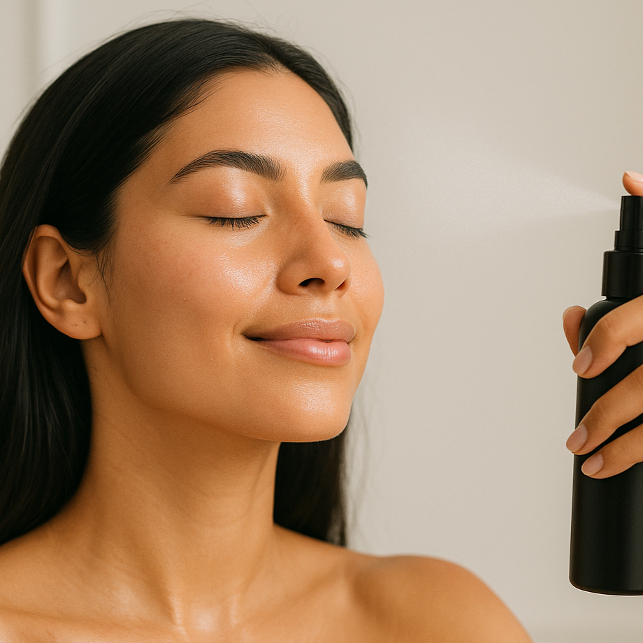hispanic woman with black bottle face mist