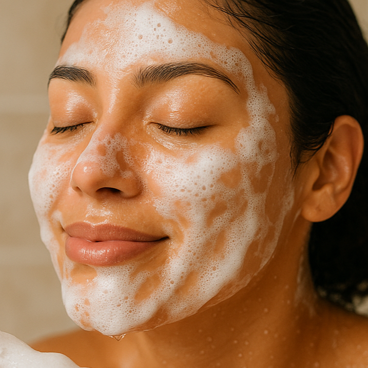 moisturizing cleanser hispanic woman with smooth skin cleansing with lots of foaming bubbles and water