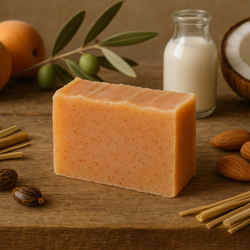 natural apricot soap with Olea Europaea (Olive) Oil, Cocos Nucifera (Coconut) Oil, Elaeis Guineensis (Palm) Kernel Oil, Water/ Aqua/ Eau, Sodium Hydroxide, Prunus Armeniaca (Apricot) Seed Powder, Ricinus Communis (Castor) Seed Oil, Cymbopogon Flexuosus Leaf Oil, Prunus Amygdalus Dulcis (Sweet Almond) Oil, Goat milk.